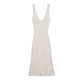 Elegante beige mouwloze midi-gebreide jurk met V-hals, A-lijn silhouet en geribbelde textuur - S / Wit
