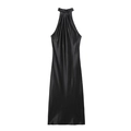 Elegantes schwarzes Satin-Midikleid mit Neckholder-Ausschnitt und schmaler Passform - XS / Schwarz
