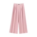 Pantalon femme taille haute à jambes larges rose doux avec détail de bouton noir - XS / Pantalons / Rose
