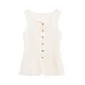 Minimalistische beige ärmellose Strickweste mit Goldknöpfen und Schlitz am Saum für Damen - S / Milchweiß