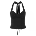Detail view of black halter corset top with ruched bust and vertical seams - S / Black