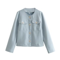 Giacca in tweed azzurro con scollo rotondo e bottoni dorati a rilievo su fondo bianco - S / Azzurro