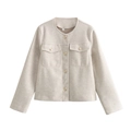 Giacca in tweed beige chic da donna con girocollo e bottoni vintage dorati su bianco - S / Albicocca