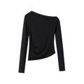 Top chic da donna in maglia nera con spalla asimmetrica e dettagli arricciati laterali - S / Nero