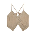 Detail van champagne zijden crop top met verfijnd bloemenkraalwerk en dunne verstelbare bandjes - XS / Bruin