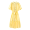 Elegant yellow puff sleeve dress with tiered ruffles and waist tie on white backdrop - XS / Yellow
