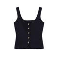 Detail van donkerblauw gebreid vest met getextureerde stof en metalen knopen - Zwart