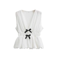 Top blanco sin mangas con cuello en V en tela texturizada y dos lazos negros decorativos - XS / Blanco