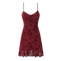 Mini abito bordeaux stile francese con stampa floreale, bordo a balze e scollo a V - S / Borgogna