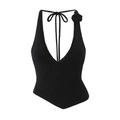 Sexy schwarzes Neckholder-Oberteil mit V-Ausschnitt, Strickblume und asymmetrischem Saum - S / Schwarz