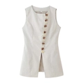 Chaleco sin mangas para mujer color avena con cuello redondo y botones decorativos - S / Gris Beige