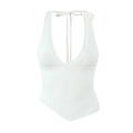 Weißes geripptes Neckholder-Top mit tiefem V-Ausschnitt und 3D-Häkelrose - S / Weiß
