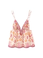 Bohemian pink V-neck camisole with ethnic floral embroidery and ruffled hemline - L / Multicolor Random Print