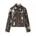 Veste marron foncé imprimée pour femme avec texture artistique et fermeture éclair - S / Veste à Fermeture Éclair Taches d'Encre