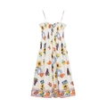 Detail van een zomerse bloemenjurk voor dames met fruitpatroon en gesmokt lijfje - XS / Fruit Print