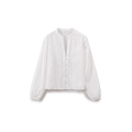 Blusa blanca de manga larga con cuello en V, bordado calado y cierre de botones frontal - XS / Blanco