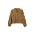 Blusa marrón de manga larga con cuello en V, bordado de ojales y mangas abullonadas - XS / Marrón Mostaza