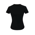 Detailansicht eines schwarzen Slim-Fit-T-Shirts mit geschwungenem Saum und klassischem Rundhals - XS / Schwarz