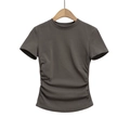 Detail eines schmal geschnittenen dunkelgrauen T-Shirts mit seitlicher Raffung und Rippstoff - XS / Dunkelgrau