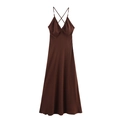 Women's deep brown V-neck midi slip dress with ruched chest detail and cross straps - S / Coffee