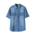 Women's loose light blue Tencel denim short sleeve shirt with functional twin chest pockets - M / Light Blue