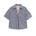 Detail of blue and white striped short sleeve shirt featuring front flap pockets - Blue and White Stripes