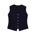 Detail van donkerblauw gebreid vest met V-hals en vijf gouden metalen knopen - S / Donkerblauw