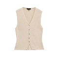 Beige gebreid damesvest met V-hals, knoopsluiting aan de voorkant en een slanke pasvorm - S / Beige