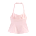 Detail view of pink halter neck top with bow design and pleated chest texture - S / Pink