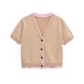 Khaki gebreid vest met korte mouwen, roze contrasterende bies en V-hals met knopen - S / Khaki & Roze