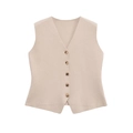 Slanke beige gebreide gilet met V-hals, metalen knopen en fijne gebreide textuur - S / Beige