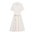 White eyelet embroidery short sleeve shirt dress with waist tie and button front - XS / White