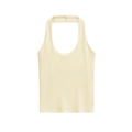 Detail of light yellow halter-neck tank top showing textured ribbed fabric and U-shaped neckline - S / Beige