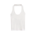 Close-up detail of white halter neck slim fit knit tank top with premium smooth texture - S / White