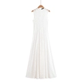 Elegant sleeveless white lace A-line maxi dress with floral hollow out design for summer - S / White