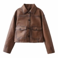 Chaqueta vintage de piel sintética marrón con efecto envejecido y bolsillos de solapa - S / Marrón Oscuro