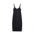 Detail van zwarte denim midi-jurk met spaghettibandjes en gouden knoopsluiting vooraan - XS / Donkerblauw