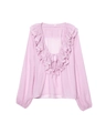 Detalle del cuello en V con volantes y lazo en esta blusa de manga larga en color rosa claro - S / Violeta Claro