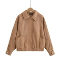 Chaqueta de ante sintético marrón para mujer con cuello de solapa y bajo elástico - S / Estampado