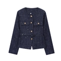 Damen Tweed-Jacke in Marineblau mit Goldknöpfen und Taillengürtel für den Frühling - XS / Marineblau