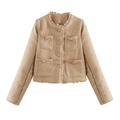 Elegant champagne tweed jacket with shimmering sequins and vintage gold buttons - S / Khaki