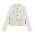 French style tweed jacket in cream with gold buttons and fringed trim details - S / White