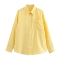 Camisa casual de mujer con rayas amarillas y blancas, manga larga y bolsillo frontal - S / Amarillo
