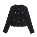Women's black tweed jacket with gold buttons and fringe trim in French chic style - S / Black