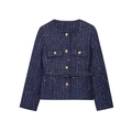 Dunkelblaue Tweed-Jacke mit Goldknöpfen und Taillengürtel vor weißem Hintergrund - XS / Dunkelblau