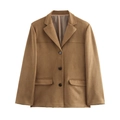 Classic brown single-breasted blazer with notched lapels and flap pockets for women - S / Khaki