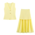 Detail of V-neck knit vest with gold buttons and pleated midi skirt two-piece set - S / Vest And Skirt Set / Yellow