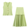 Detail of light green knit vest with gold buttons and pleated layered skirt set - S / Vest And Skirt Set / Light Green