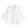Detail van de witte blouse met brede mouwen, houtlook knopen en een moderne V-halslijn - XS / Tops / Wit