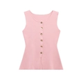 Close-up of the fine ribbed texture and gold button details on the pink knit vest top - Pink
